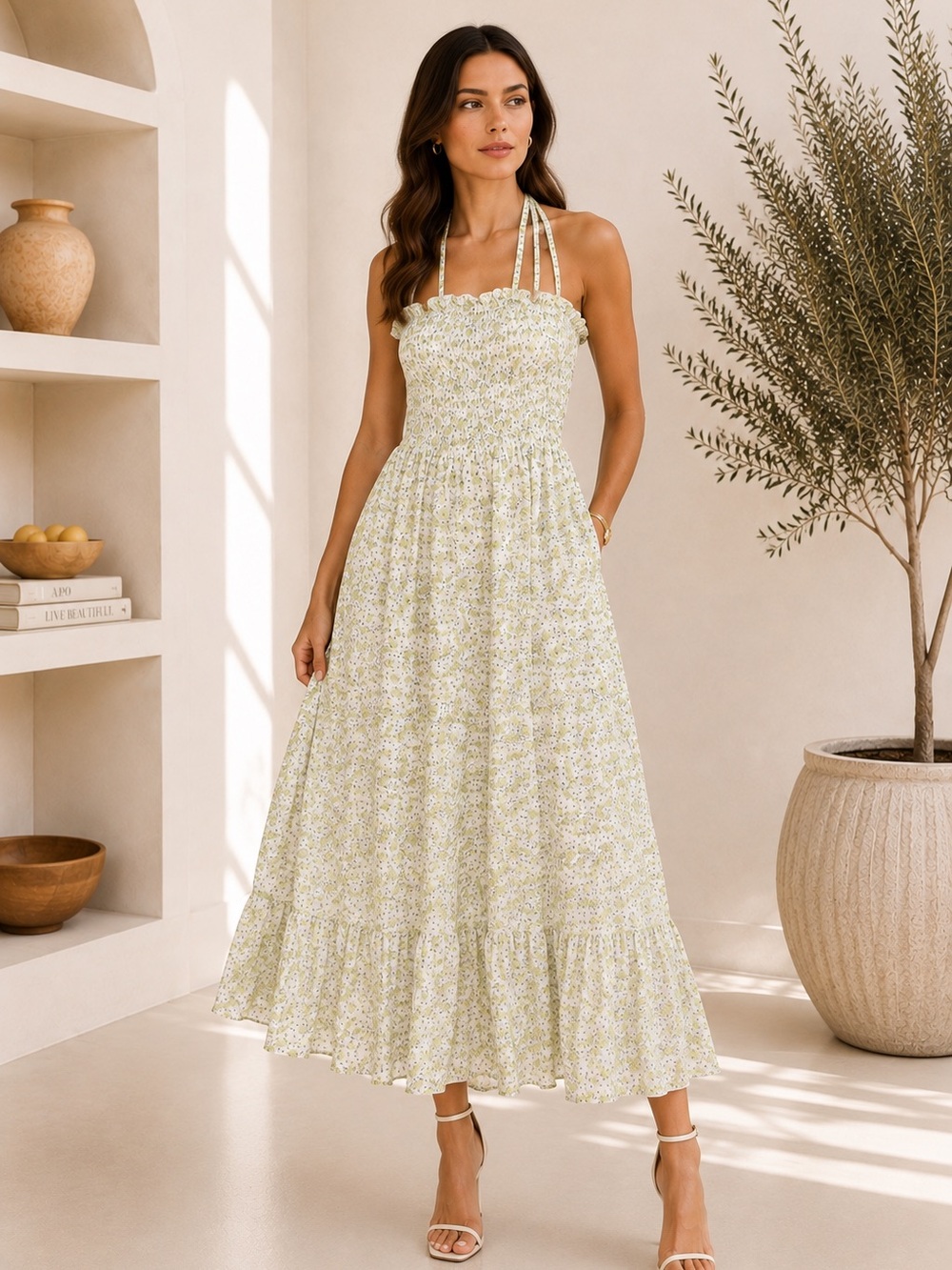 621. Meadow Halter Smocked Floral Maxi Dress